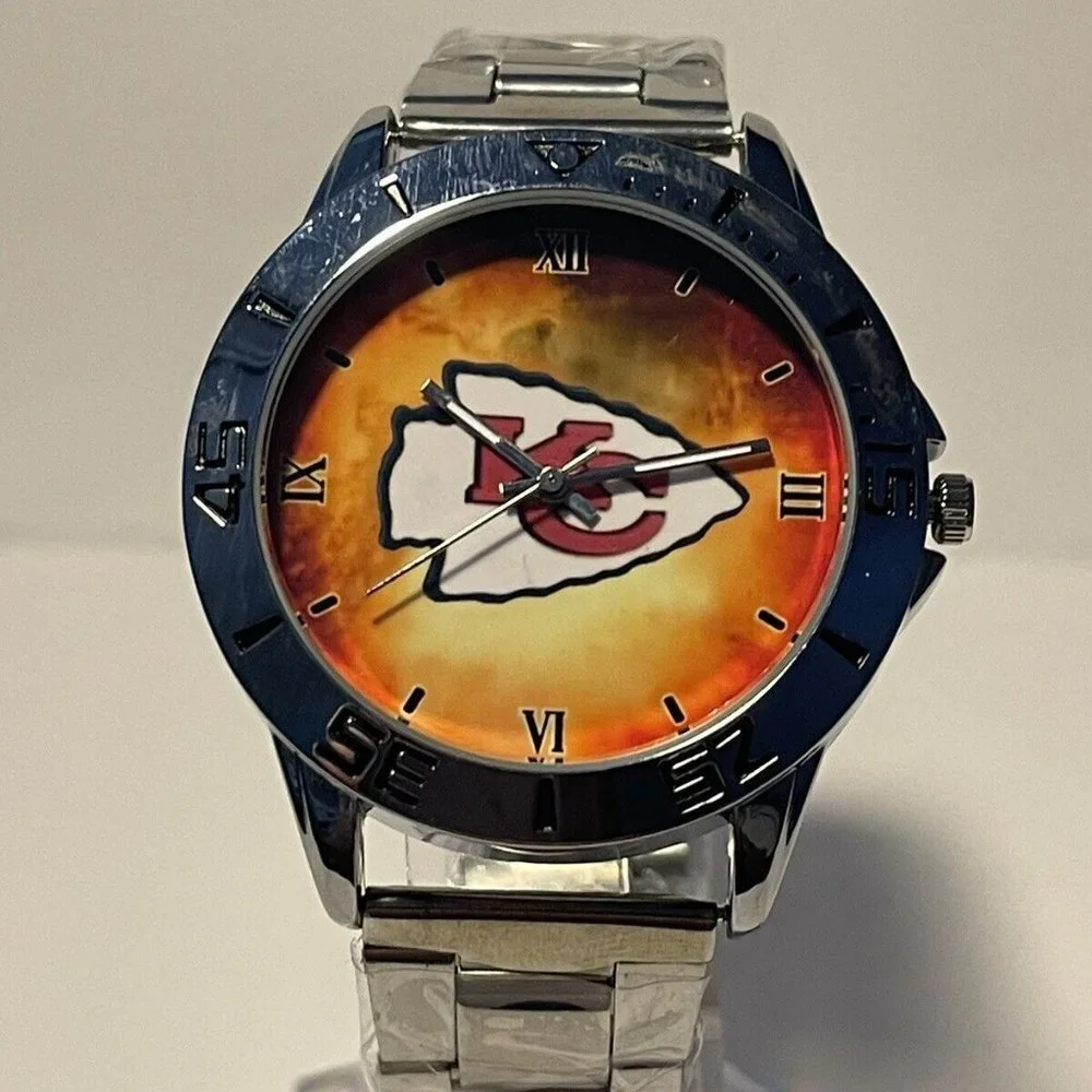KANSAS CITY CHIEFS NFL Team Logo Men's Stainless-Steel Watch NEW - needs battery